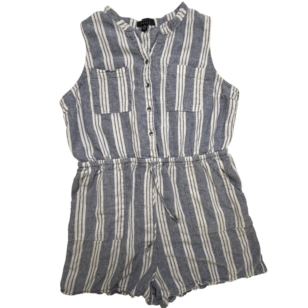 Kelly Renee Womens XL Blue White Striped Linen Blend Sleeveless Romper Pocket